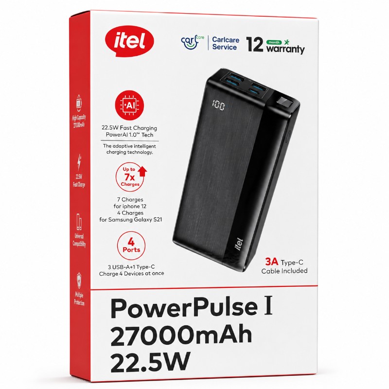 itel PowerPulse I A1481 27000mAh 22.5W Fast Charging Power Bank – 4 Ports, Digital Display