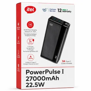 itel PowerPulse I A1481 27000mAh 22.5W Fast Charging Power Bank – 4 Ports, Digital Display