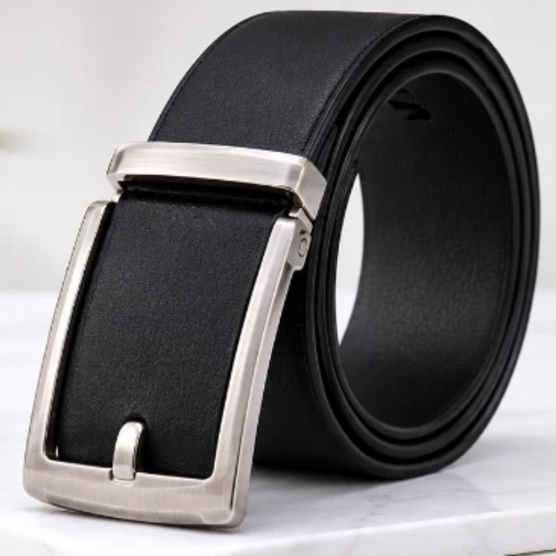 Men's Genuine Leather Dress Belt with Brushed Silver Pin Buckle – Black