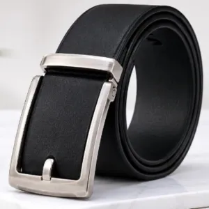 Men's Genuine Leather Dress Belt with Brushed Silver Pin Buckle – Black